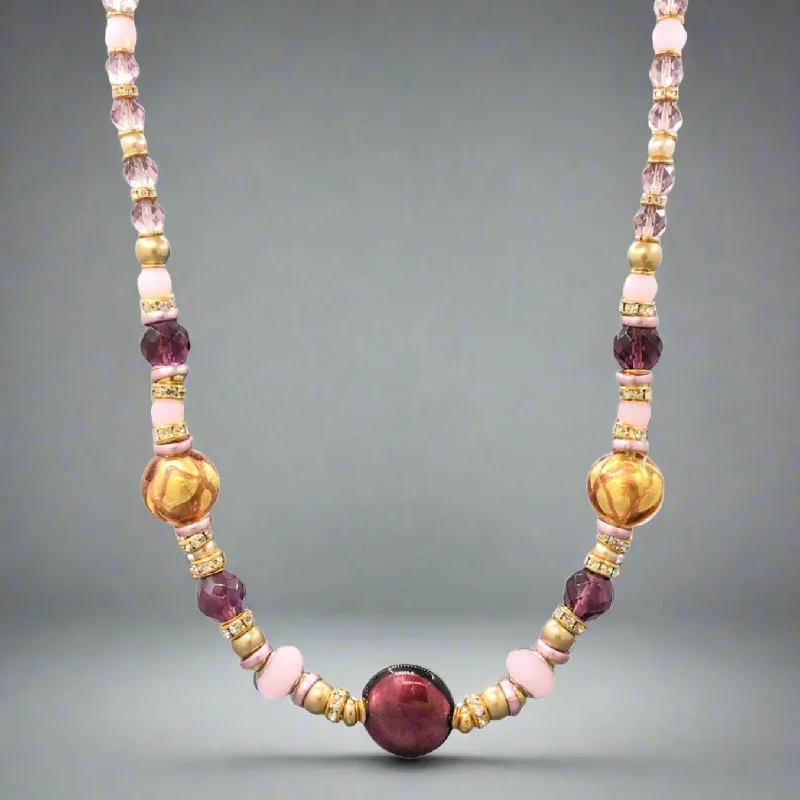 YGP Stainless Burgundy, Golden tone & Pink Murano Glass Beaded Necklace