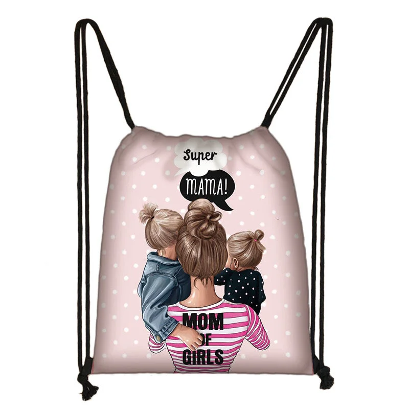 Cute Super Mama Print Drawstring Bag Women Storage