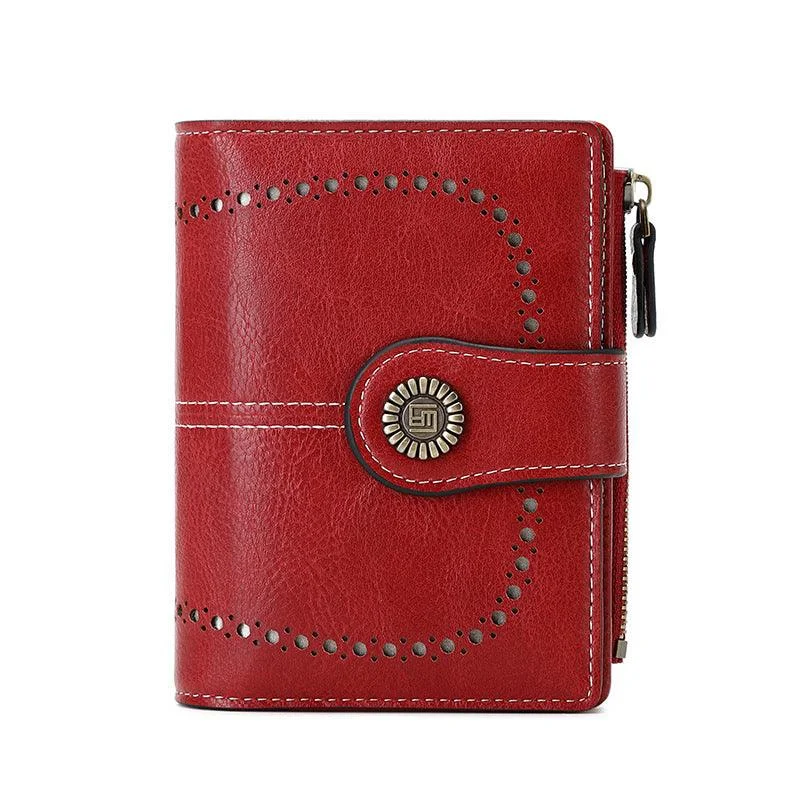 RFID Women's Short Wallet, Oil Wax Leather Coin Purse, Card Holder